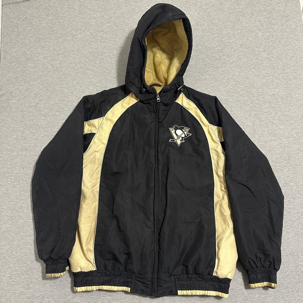 NHL Pittsburgh Penguins Hooded Windbreaker Jacket Gold Full Zip Black Mens Large